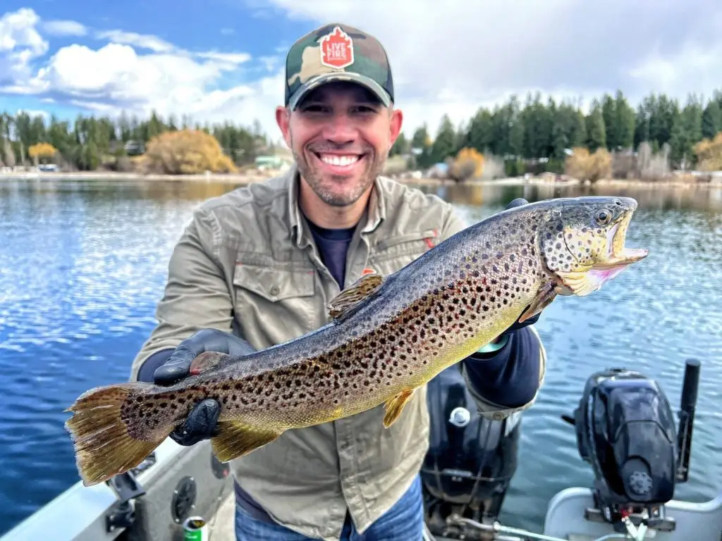Man proudly holding a freshly caught brown trout on a boat in a scenic lake, with a background of trees and cloudy sky.