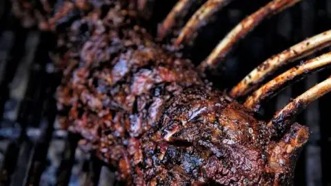 Grilled rack of ribs with rich, smoky char on a barbecue grill, showcasing delicious texture and flavor.