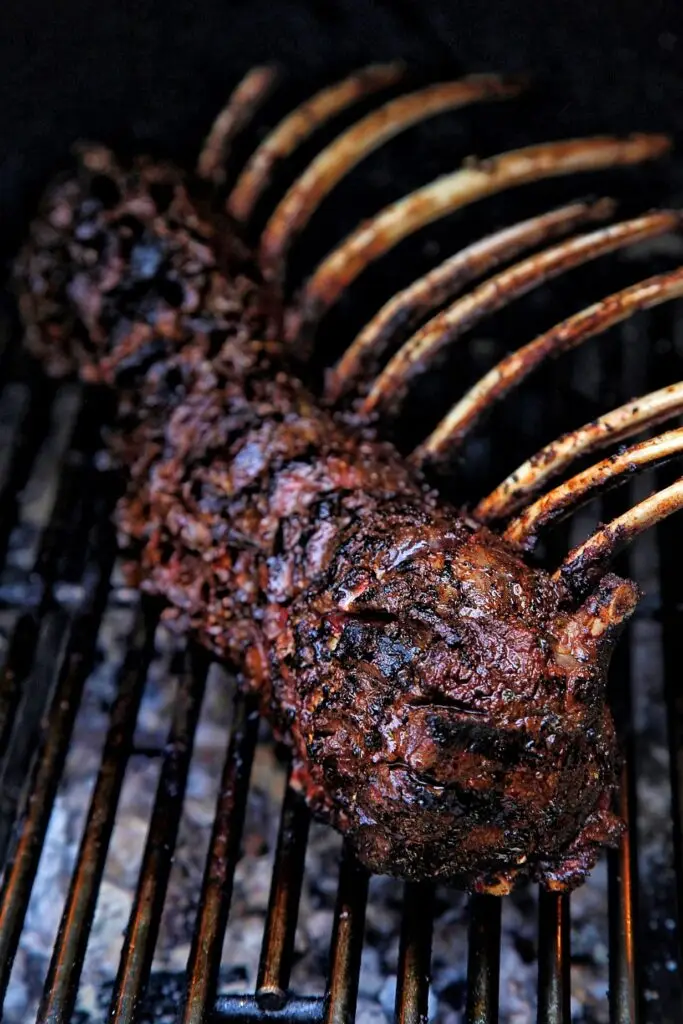 Grilled rack of ribs with rich, smoky char on a barbecue grill, showcasing delicious texture and flavor.