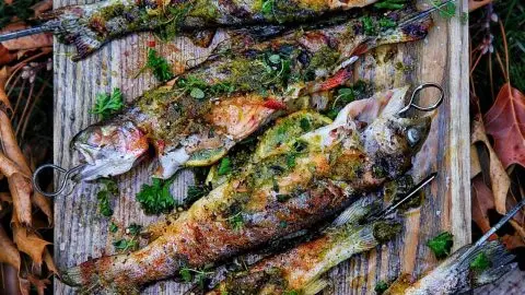 Grilled whole fish garnished with herbs and lemon on a wooden board, surrounded by autumn leaves.