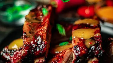 Close-up of juicy barbecue ribs on a black plate, garnished with fresh green onions by hand.