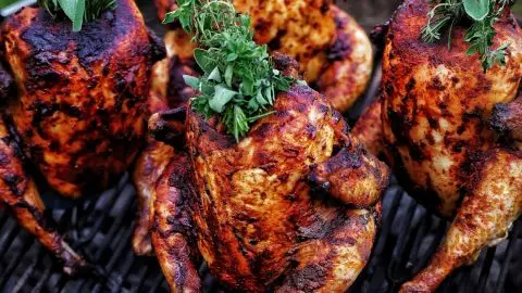 Four whole chickens, seasoned and roasted with fresh herbs, on a barbecue grill. Perfect for outdoor cooking lovers.
