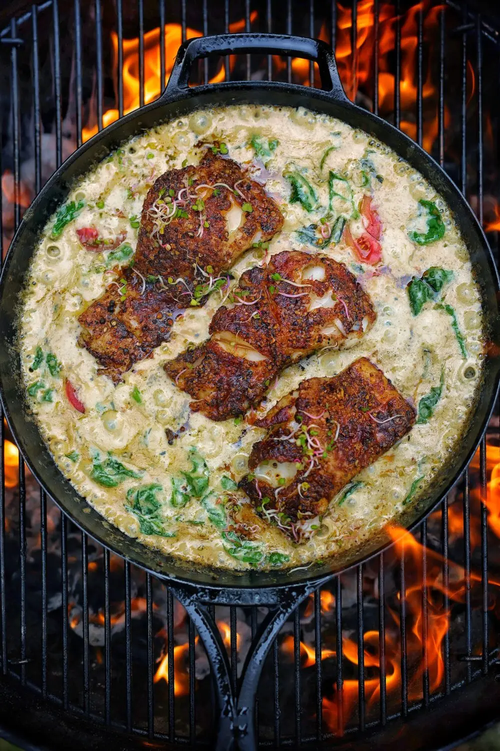 Boldly seasoned sea bass with a Tuscan cream sauce over live fire.