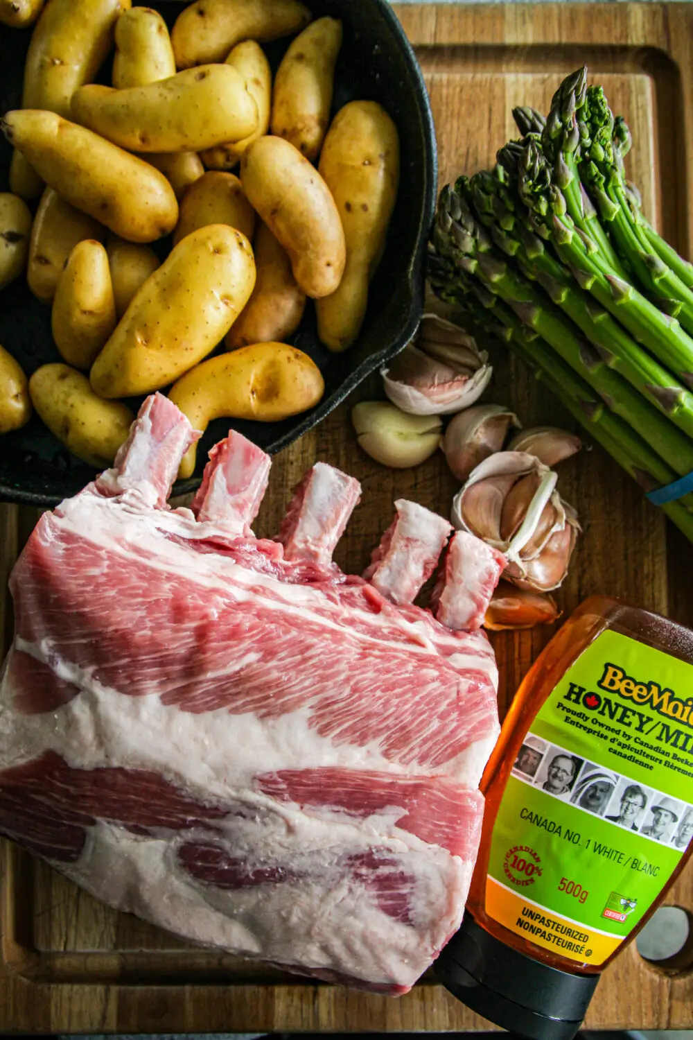 pork roast, garlic, honey, asparagus, potatoes