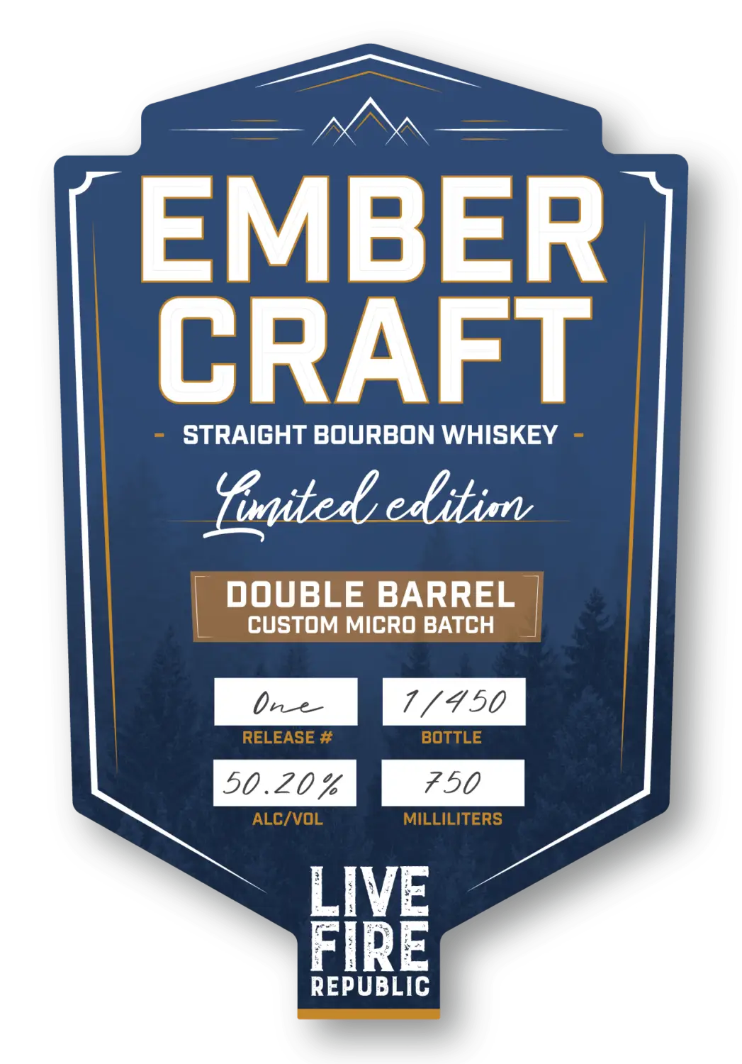 Ember Craft limited edition bourbon whiskey label with details on alcohol content and bottle release number.