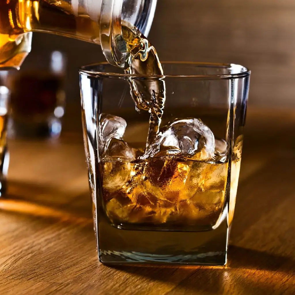 Pouring whiskey over ice in a glass on a wooden table, highlighting the warm amber tones of the drink.
