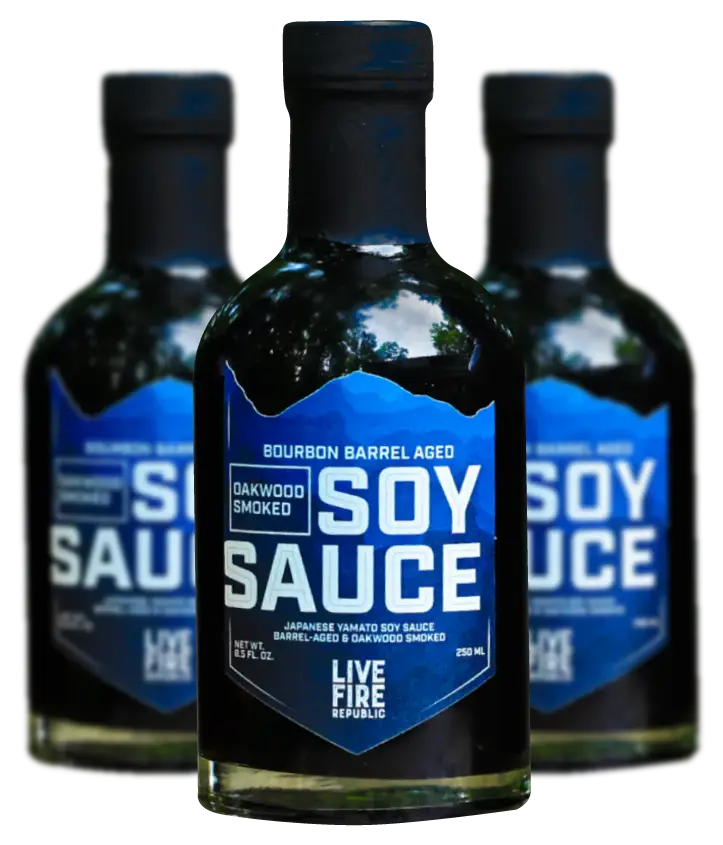 Bourbon barrel-aged oakwood smoked soy sauce bottles from Live Fire Republic, 250ml.