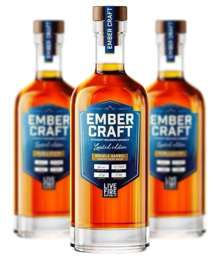 Three bottles of Ember Craft Bourbon Whiskey with blue labels and wooden caps, showcasing limited edition release.
