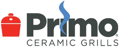 Primo Ceramic Grills logo featuring a red grill icon and blue flame design for outdoor cooking brand.