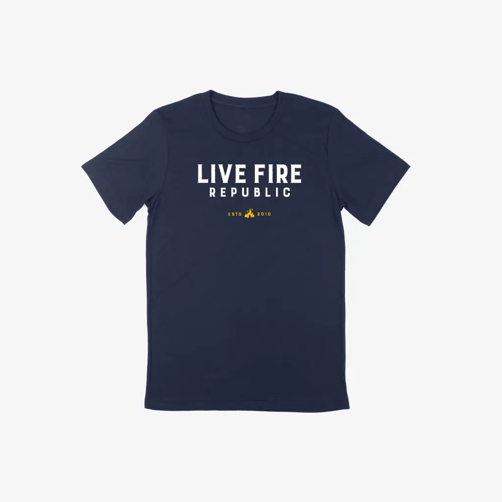 Blue t-shirt with 'Live Fire Republic' text and campfire icon, est. 2019, great for casual wear and brand promotion.