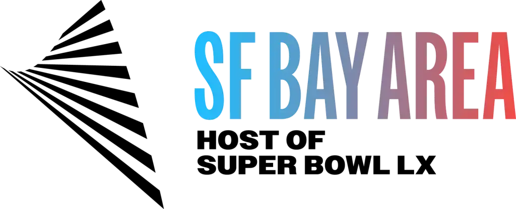 SF Bay Area text logo in blue and red gradient on white background, representing San Francisco region.