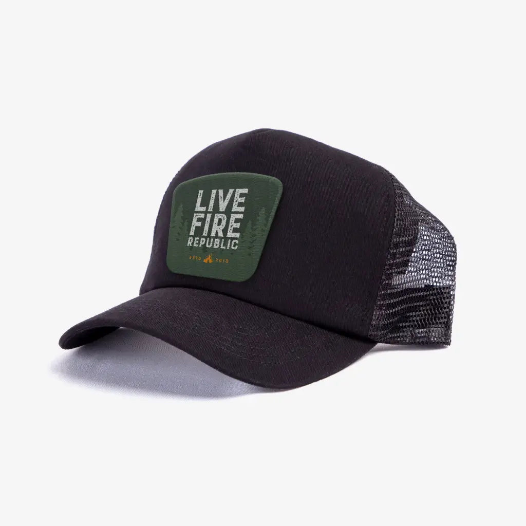 Black trucker hat with Live Fire Republic logo on front patch, side mesh, and curved brim.