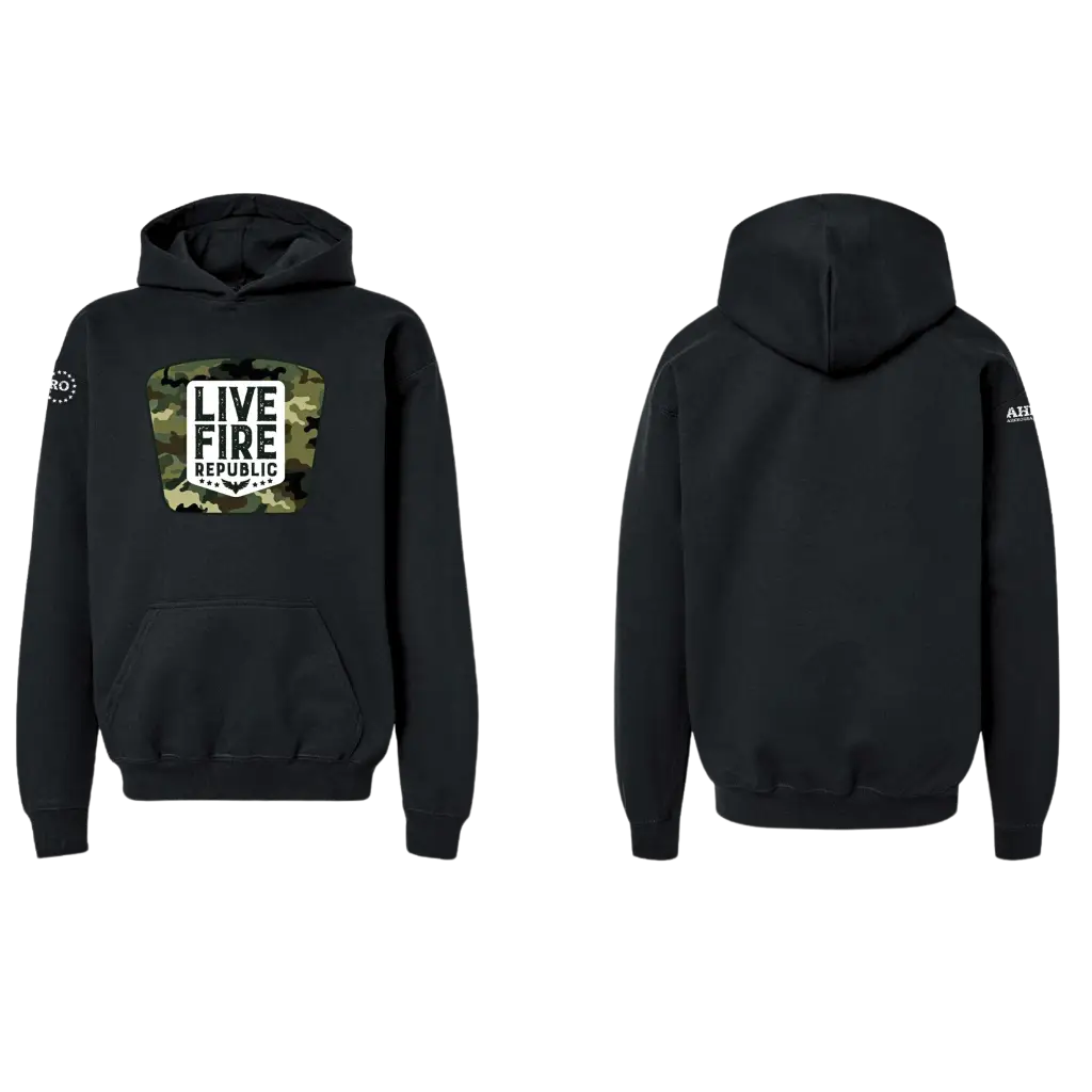 Black hoodie with Live Fire Republic camo logo on front and plain back, perfect for casual wear.