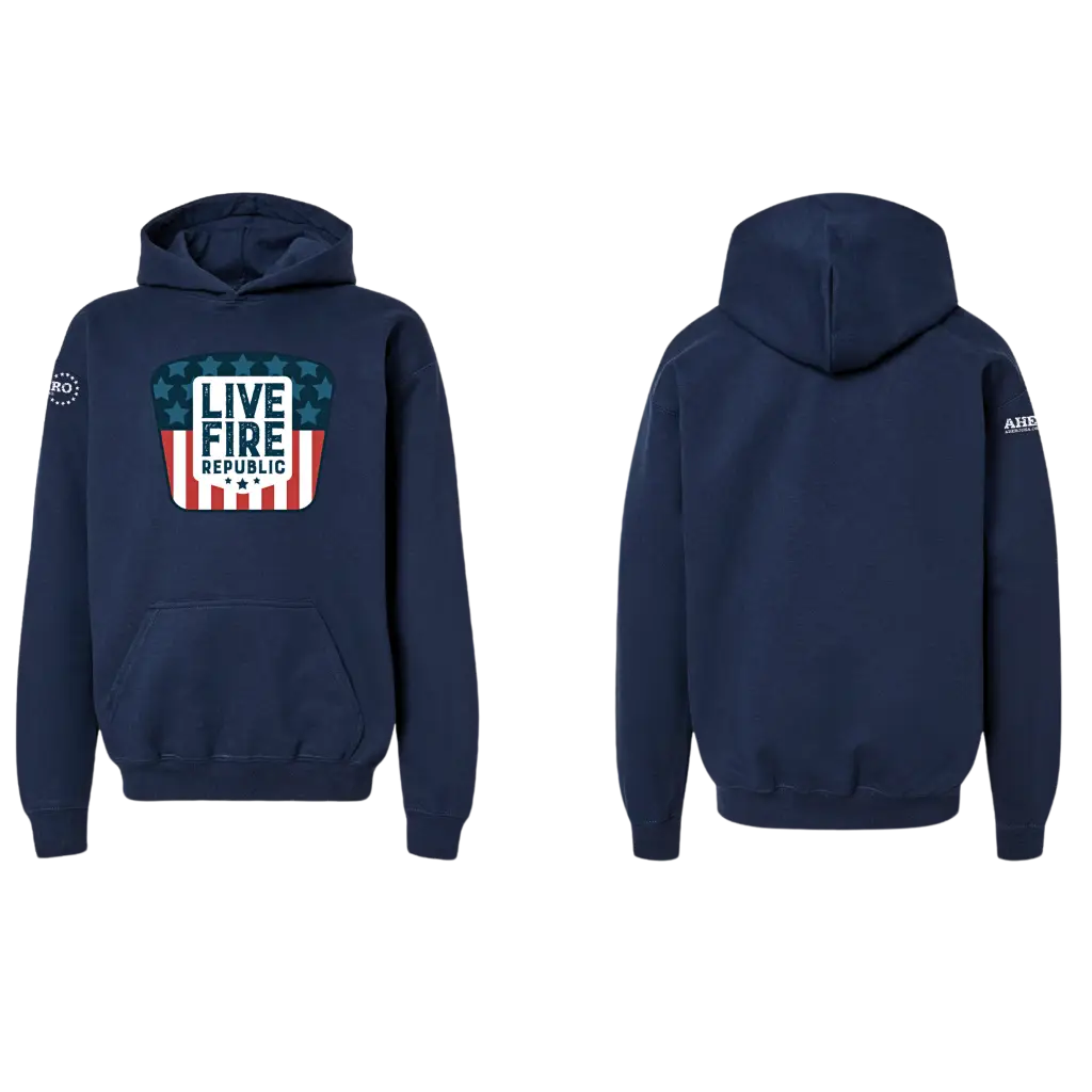 Dark blue hoodie with 'Live Fire Republic' logo, front and back view, featuring stars and stripes design.