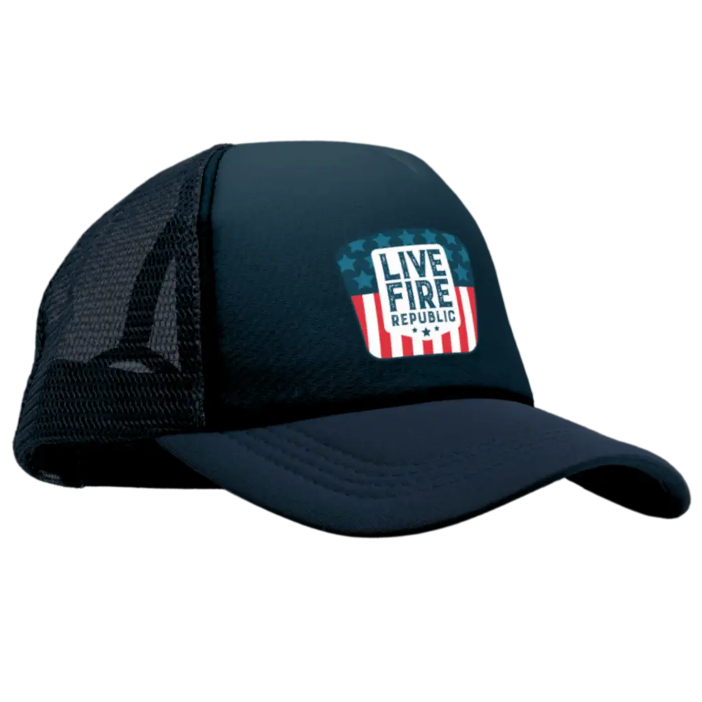Navy blue mesh trucker cap with Live Fire Republic logo featuring American flag design on the front.