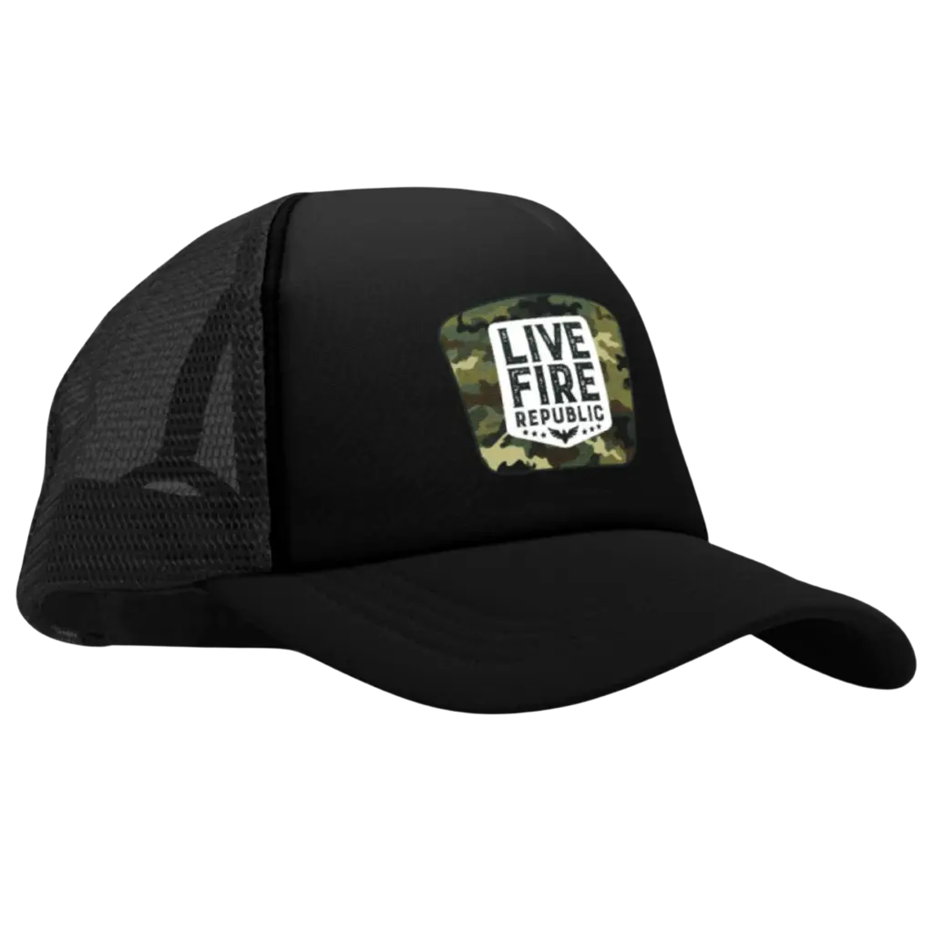 Black mesh trucker cap with Live Fire Republic camo patch on the front. Trendy outdoor fashion accessory.