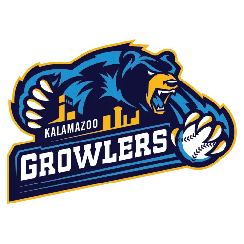 Kalamazoo Growlers logo featuring a roaring bear with a baseball and city skyline in dynamic blue and yellow colors.