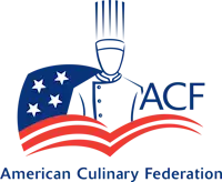 Logo of the American Culinary Federation features a chef silhouette, five stars, and red and blue elements.