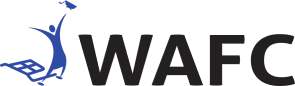 Logo of WAFC with stylized blue figure holding a diploma, representing education and achievement.