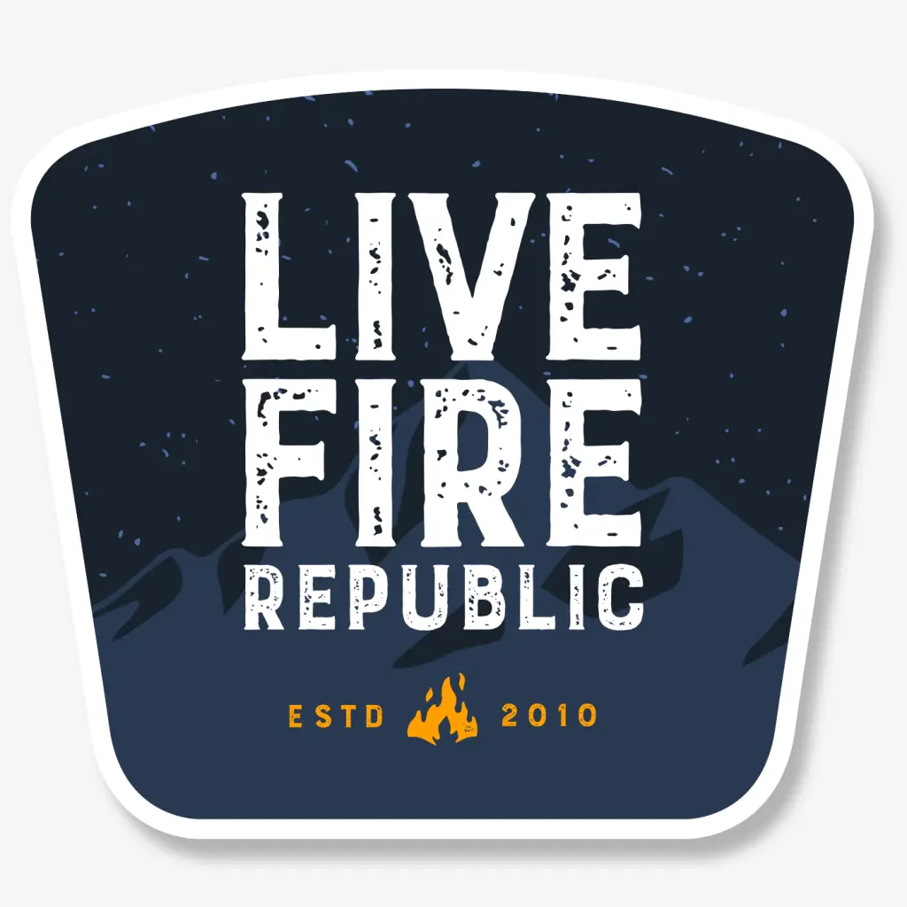 Live Fire Republic Log With dark blue background, stars in the sky, mountains in the foreground