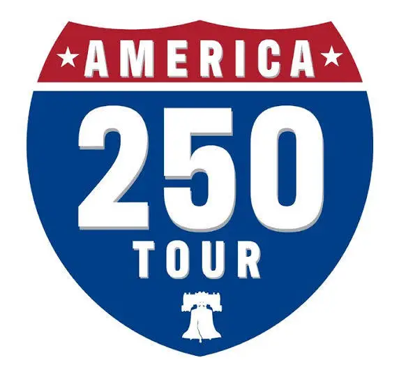 Shield-shaped logo with America 250 Tour and a Liberty Bell symbol, representing a patriotic celebration or event.