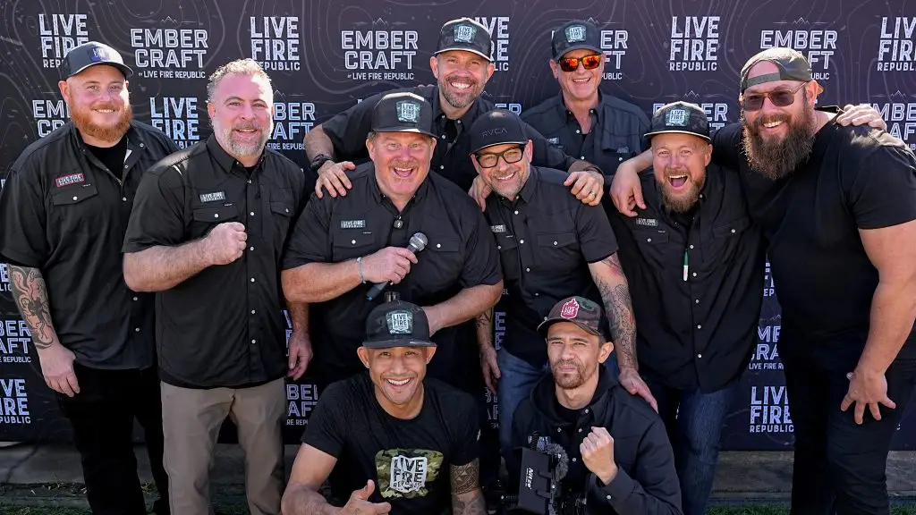 Distorted group photo of men at Live Fire Republic backdrop