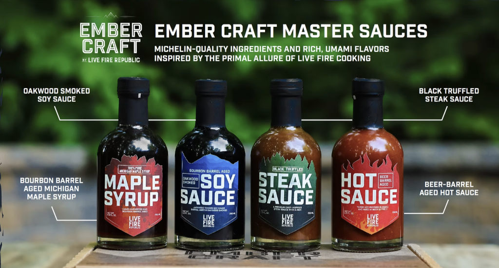 Four Ember Craft sauce bottles with flavor labels